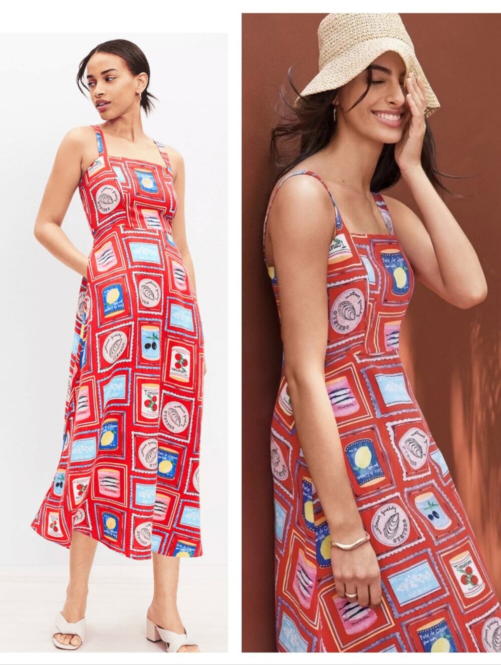 LOFT The Can Print Linen Blend Strappy Midi Dress Novelty Vacay Size 16P Petite